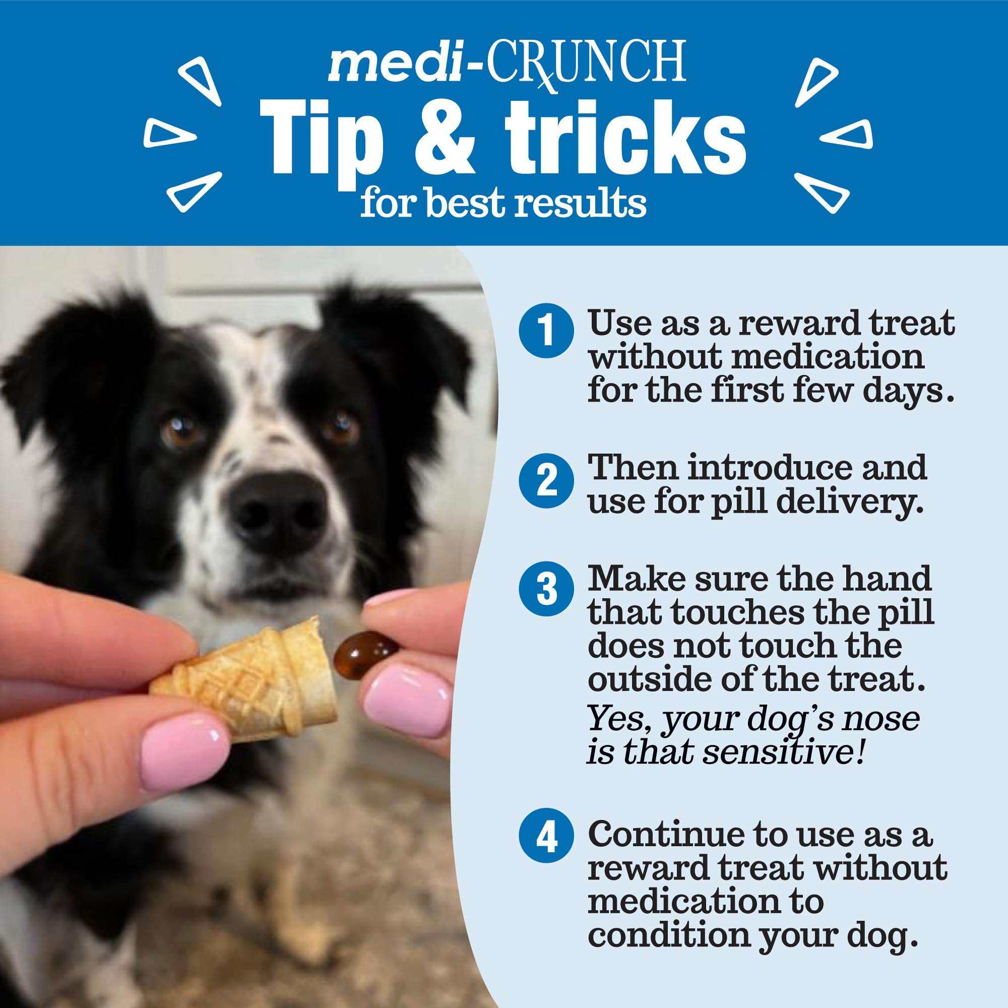 Medi-Crunch pouch fits capsules and tablets for quick dosing.