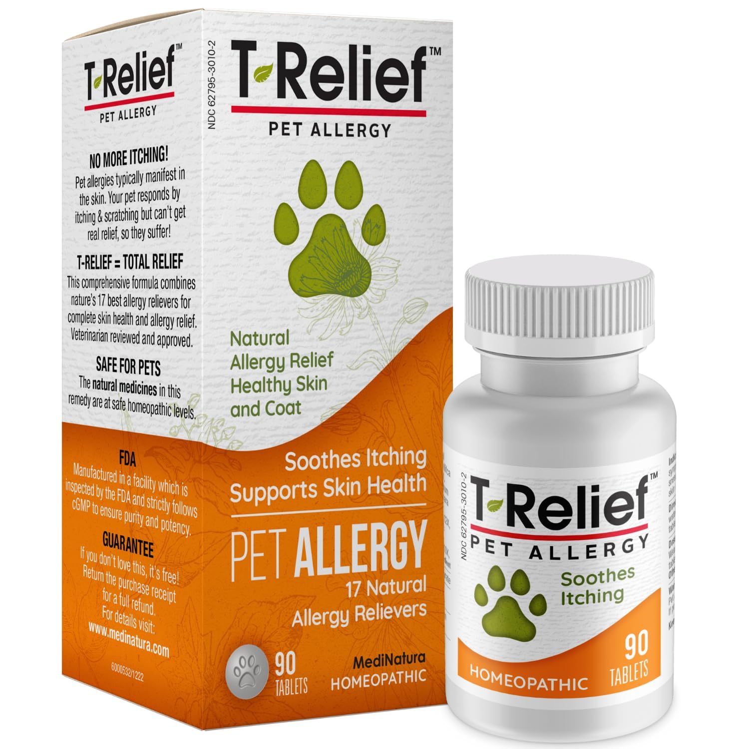 MediNatura T-Relief bottle packshot highlights a natural allergy support option for pets.
