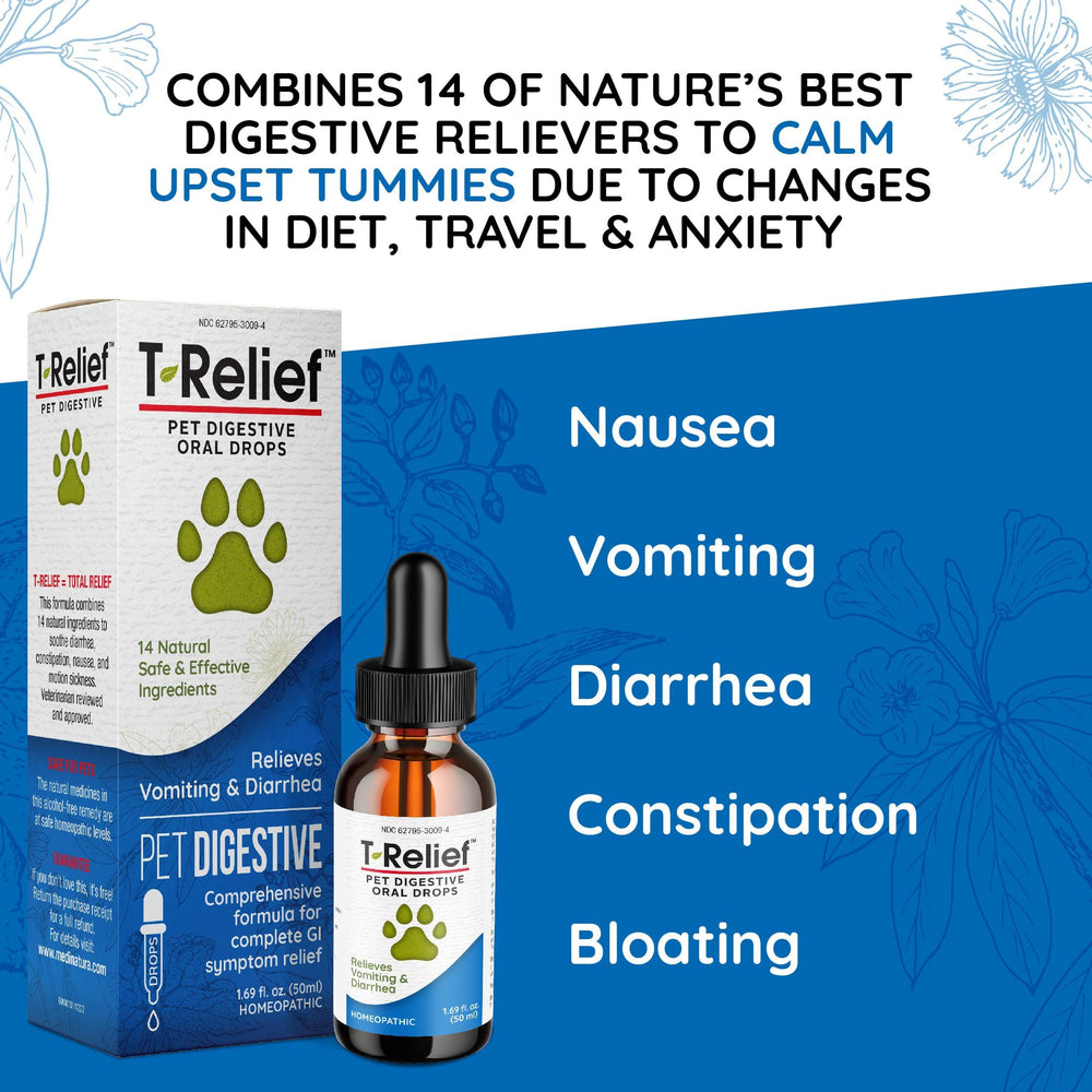MediNatura T-Relief dosing guide showing use across dogs, cats, and horses.