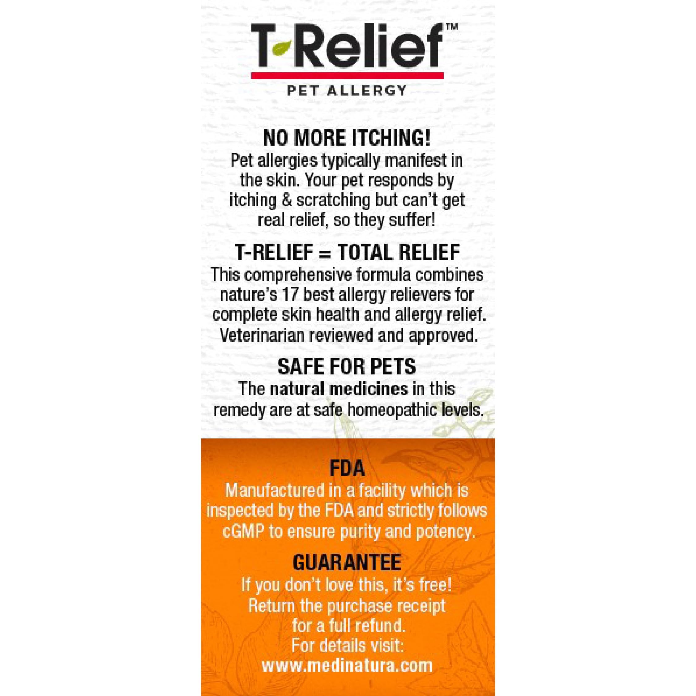 MediNatura T-Relief dosing guide visual emphasizes safe use for pets.