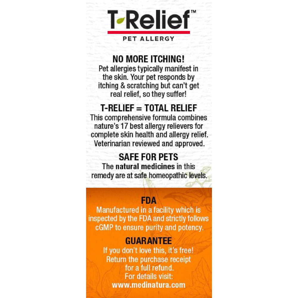 MediNatura T-Relief dosing guide visual emphasizes safe use for pets.