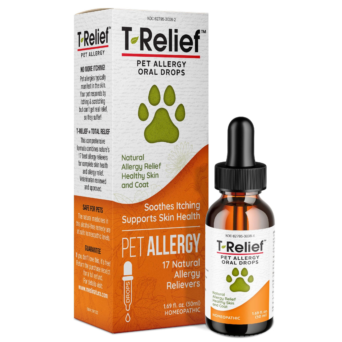 MediNatura T-Relief drops bottle close-up showing natural itch relief for dogs and cats.