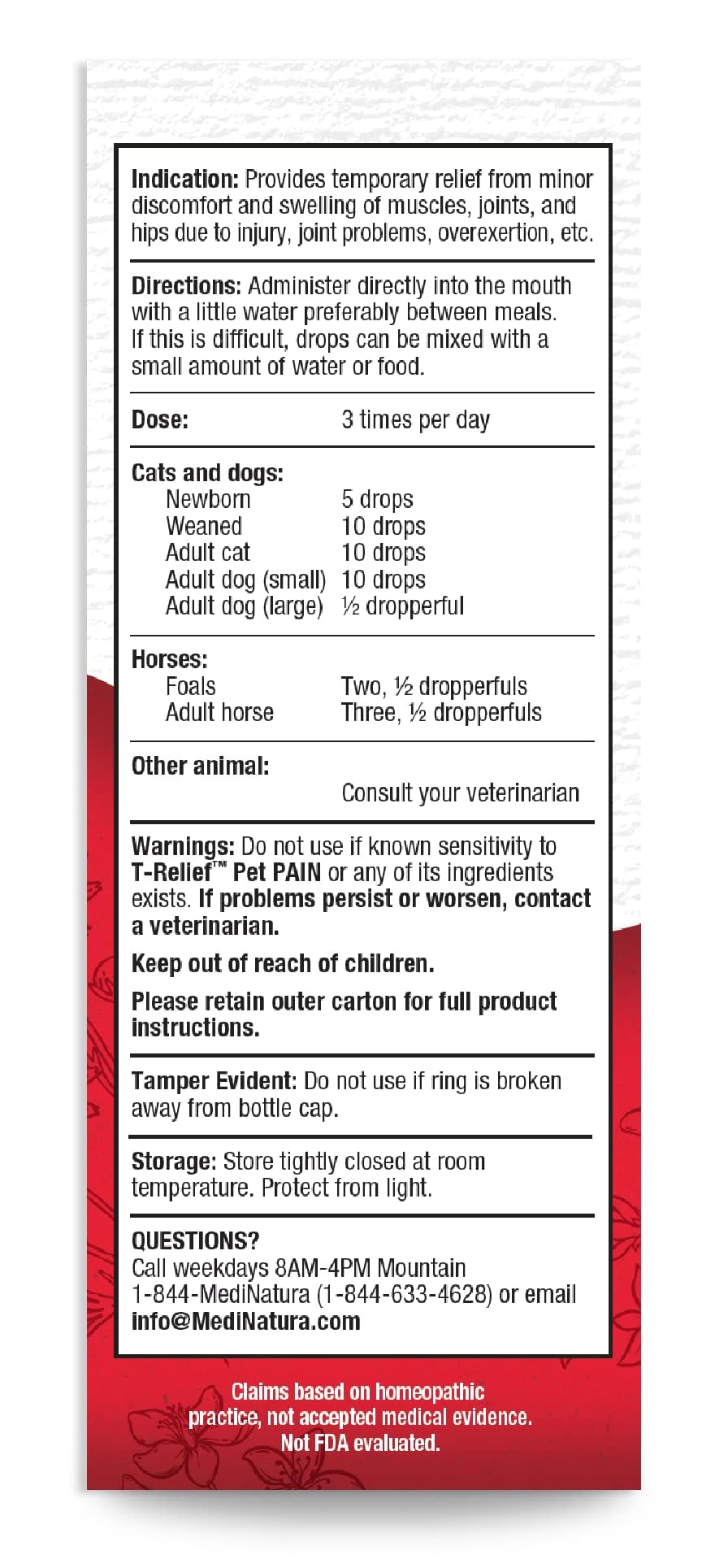 MediNatura T-Relief Drops dosing guide per species.