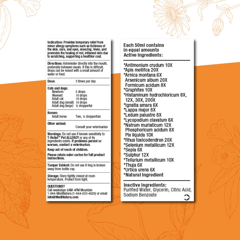 MediNatura T-Relief dropper dispensing easy dosing for busy pet owners.
