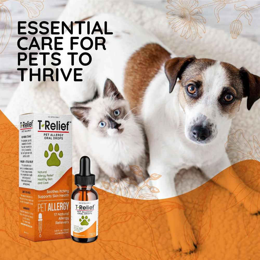 MediNatura T-Relief bottle with skin and coat wellness imagery.