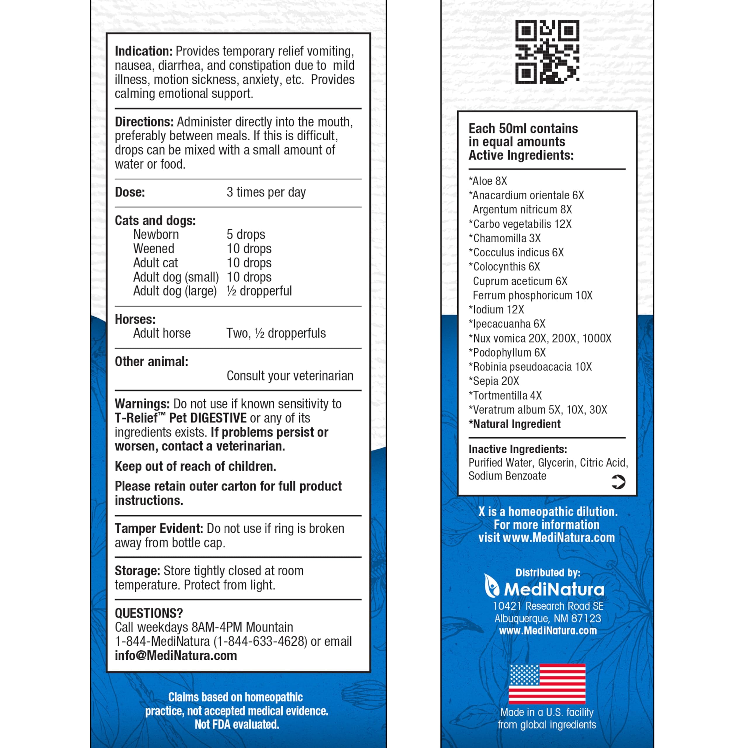 MediNatura T-Relief pet-digestive-solution bottle showing natural actives.