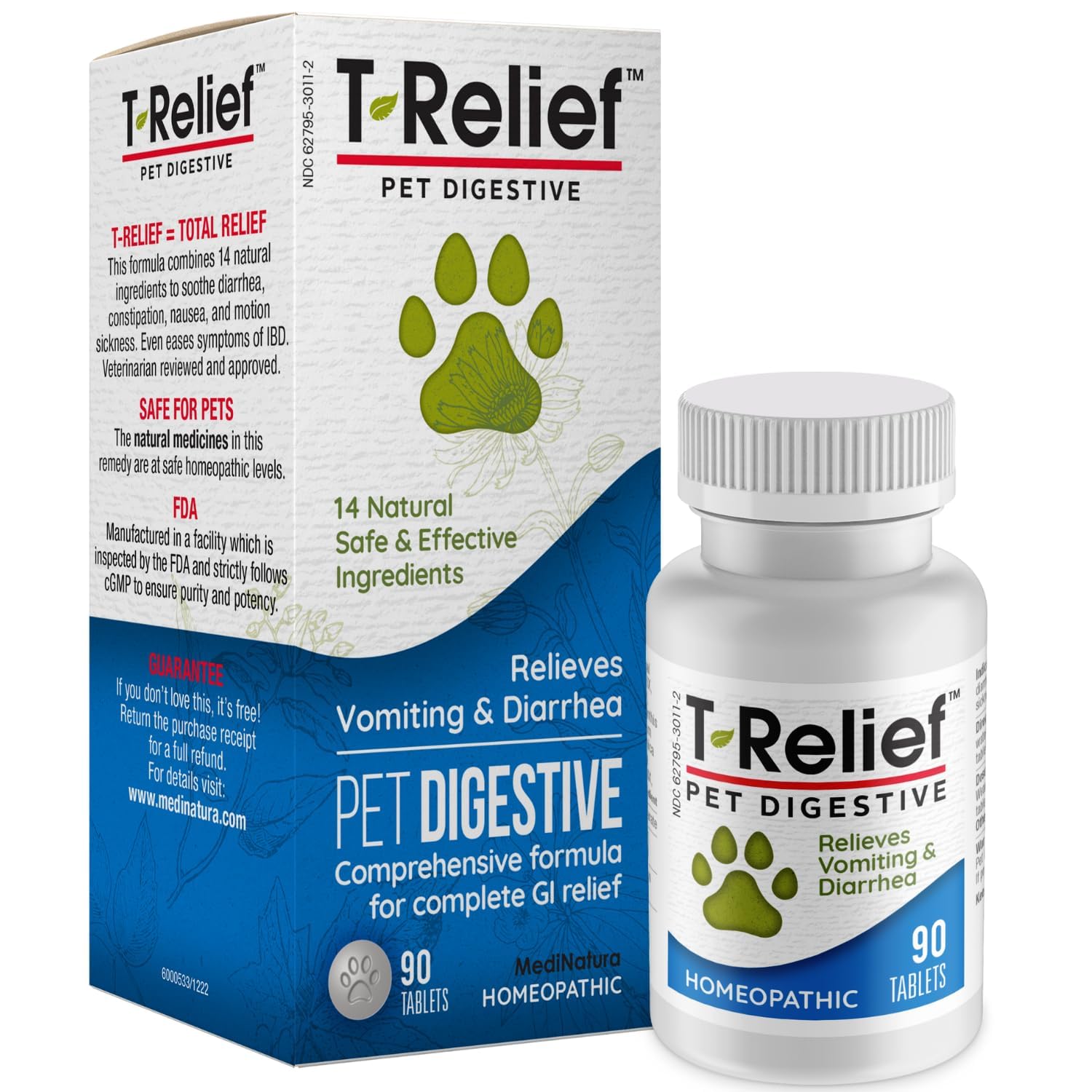 MediNatura T-Relief bottle with pet tablets for gentle GI support.
