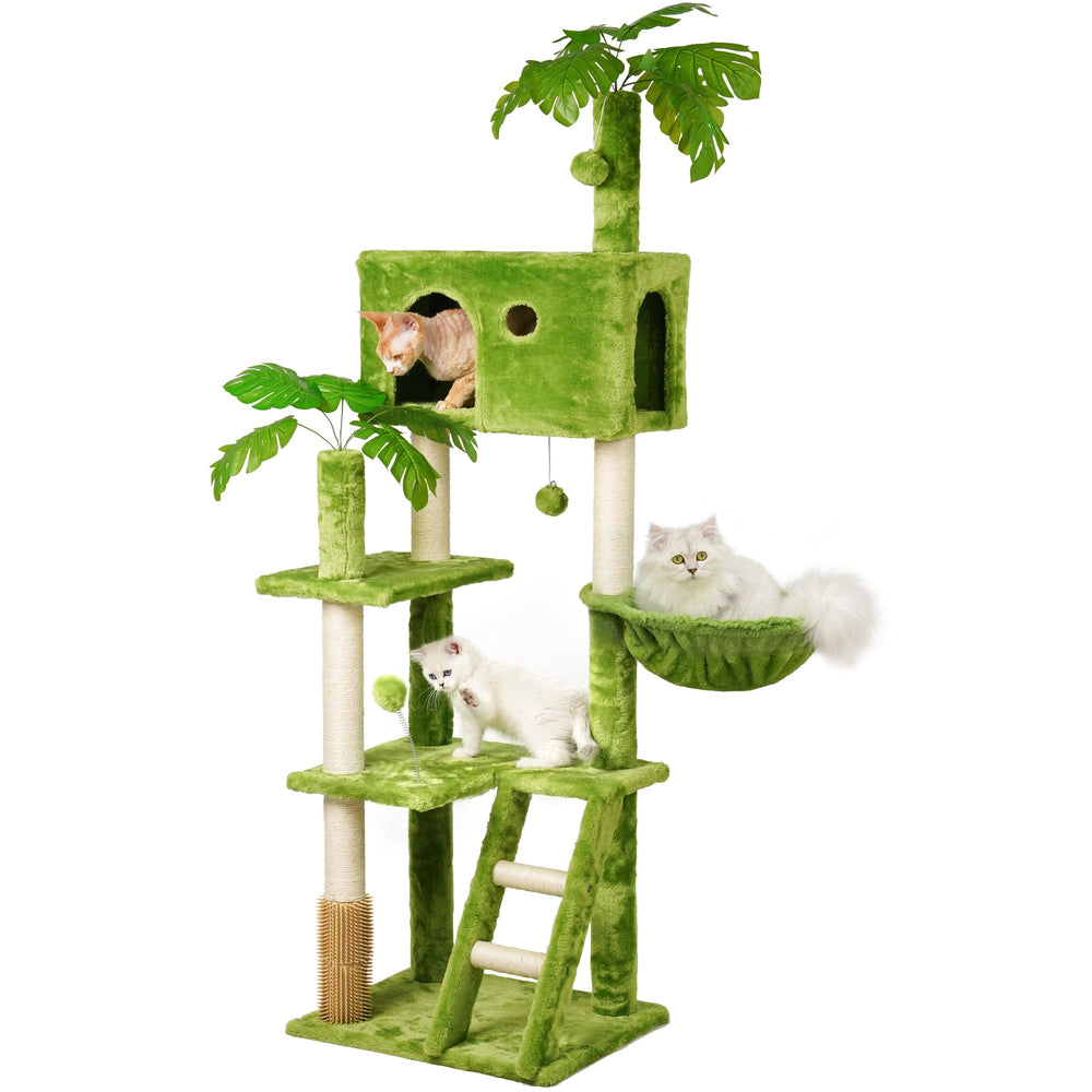 Meecal 65in cat tree leaves front view for climbing and lounging