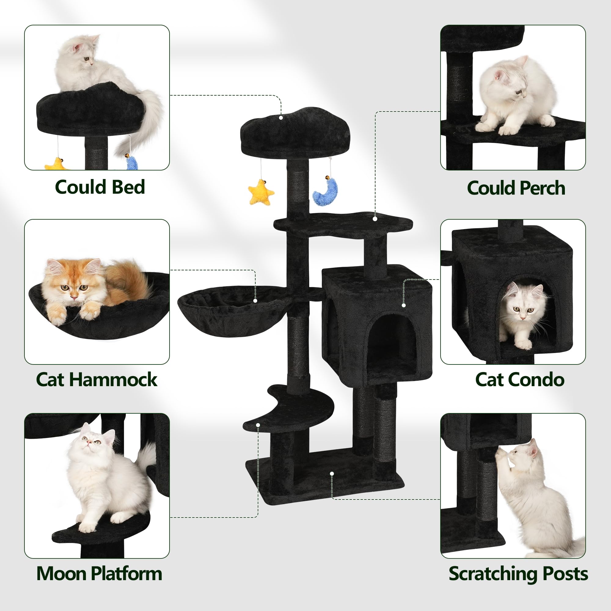 Meecal Gothic cat tree with hanging toys for playful interaction.