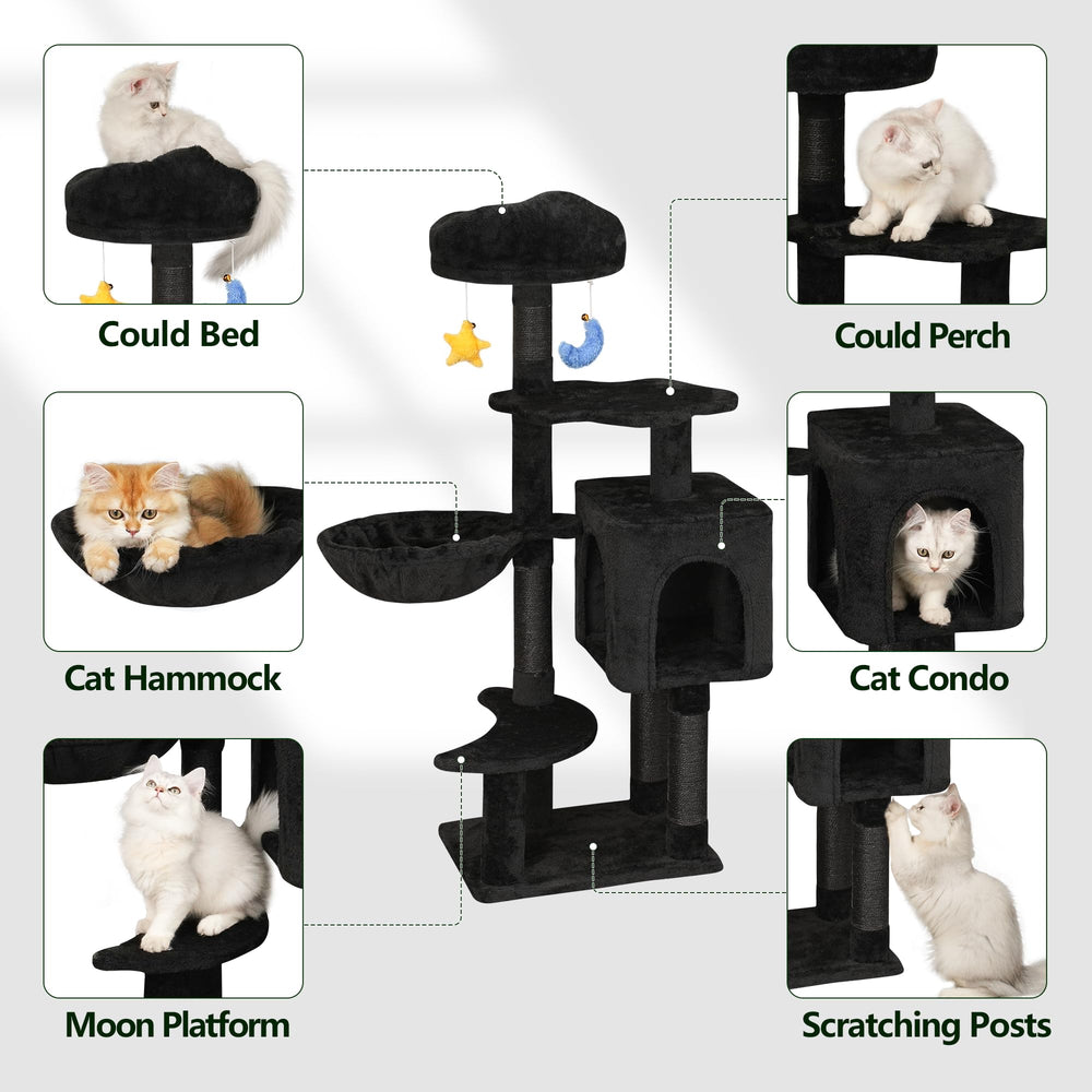 Meecal Gothic cat tree with hanging toys for playful interaction.