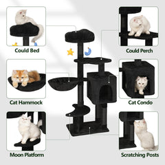 Meecal Gothic cat tree with hanging toys for playful interaction.