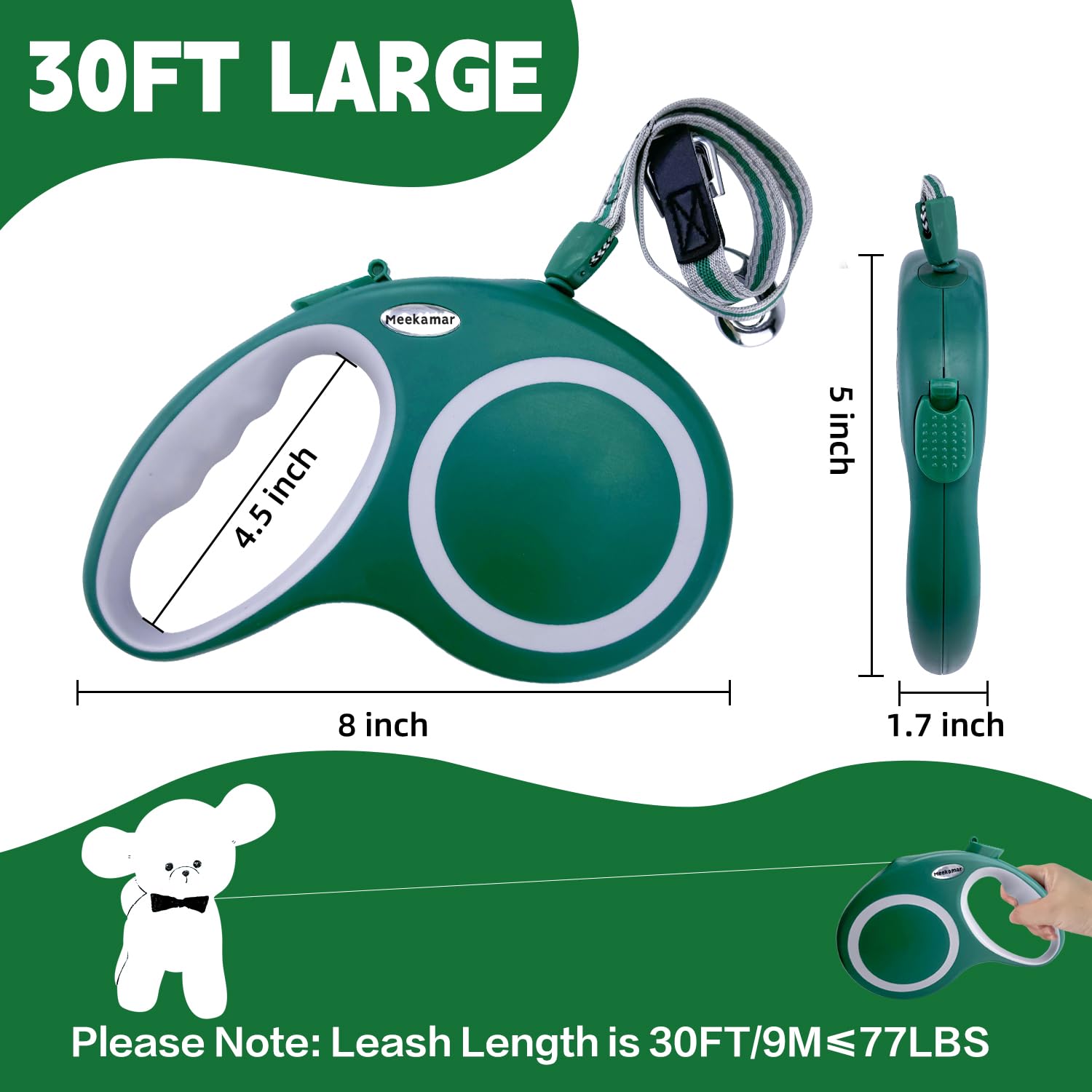 Meekamar 30ft tape extension demonstrates smooth retraction for energetic dogs