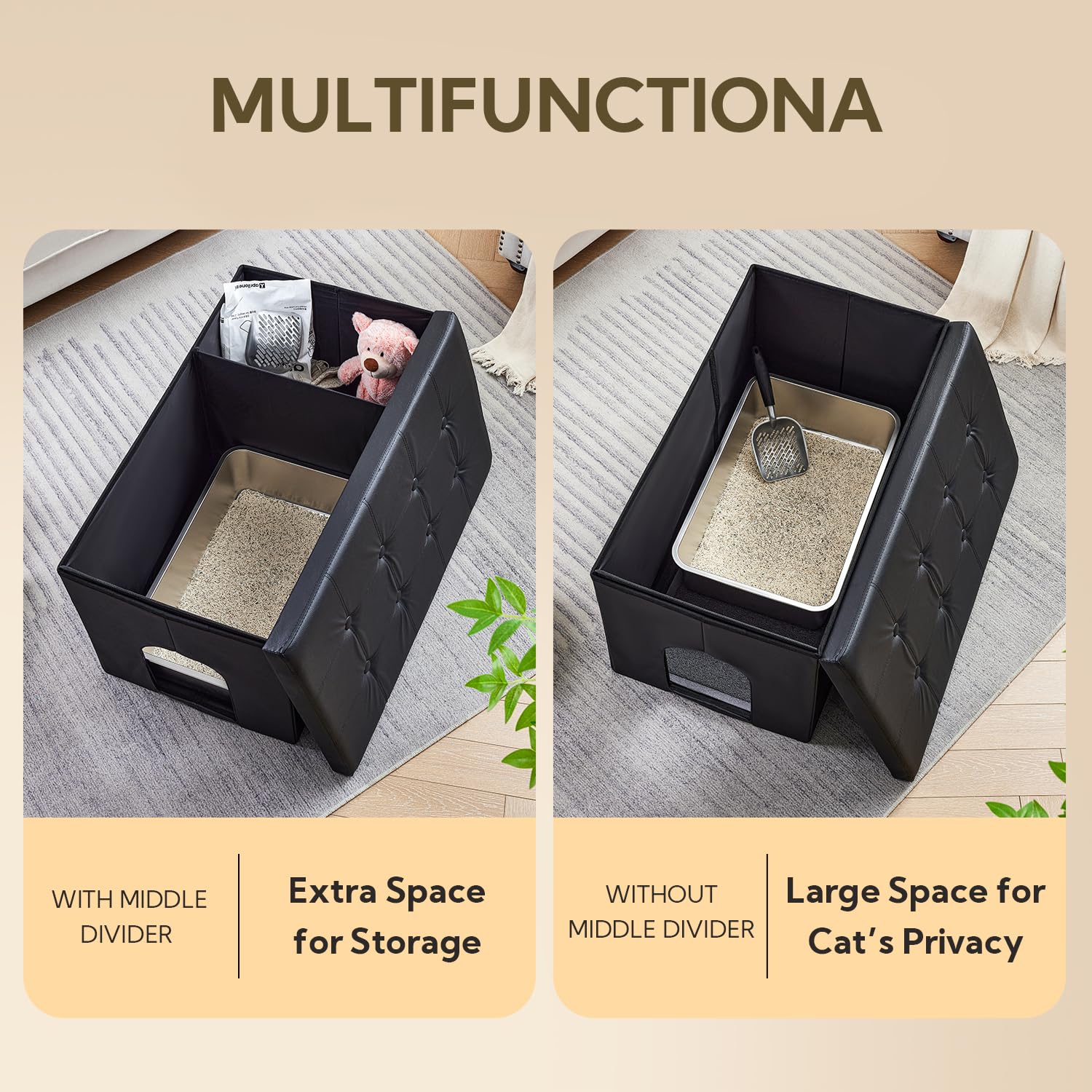 MEEXPAWS cat washroom bench interior shows waterproof lining for quick cleanup
