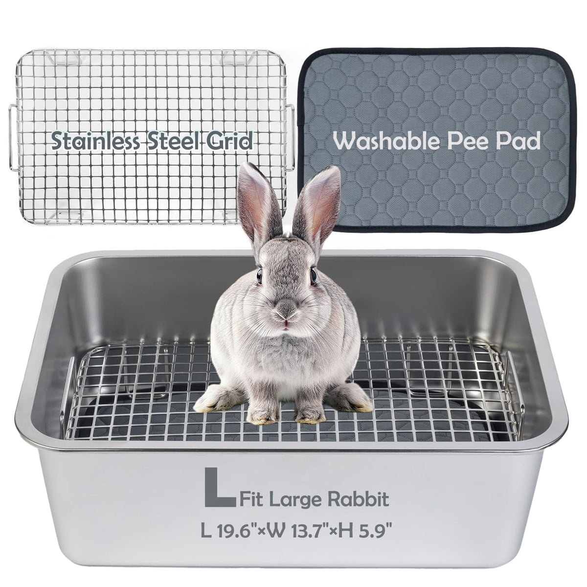 MEEXPAWS rabbit litter box in stainless steel with safety-rounded edges for daily use