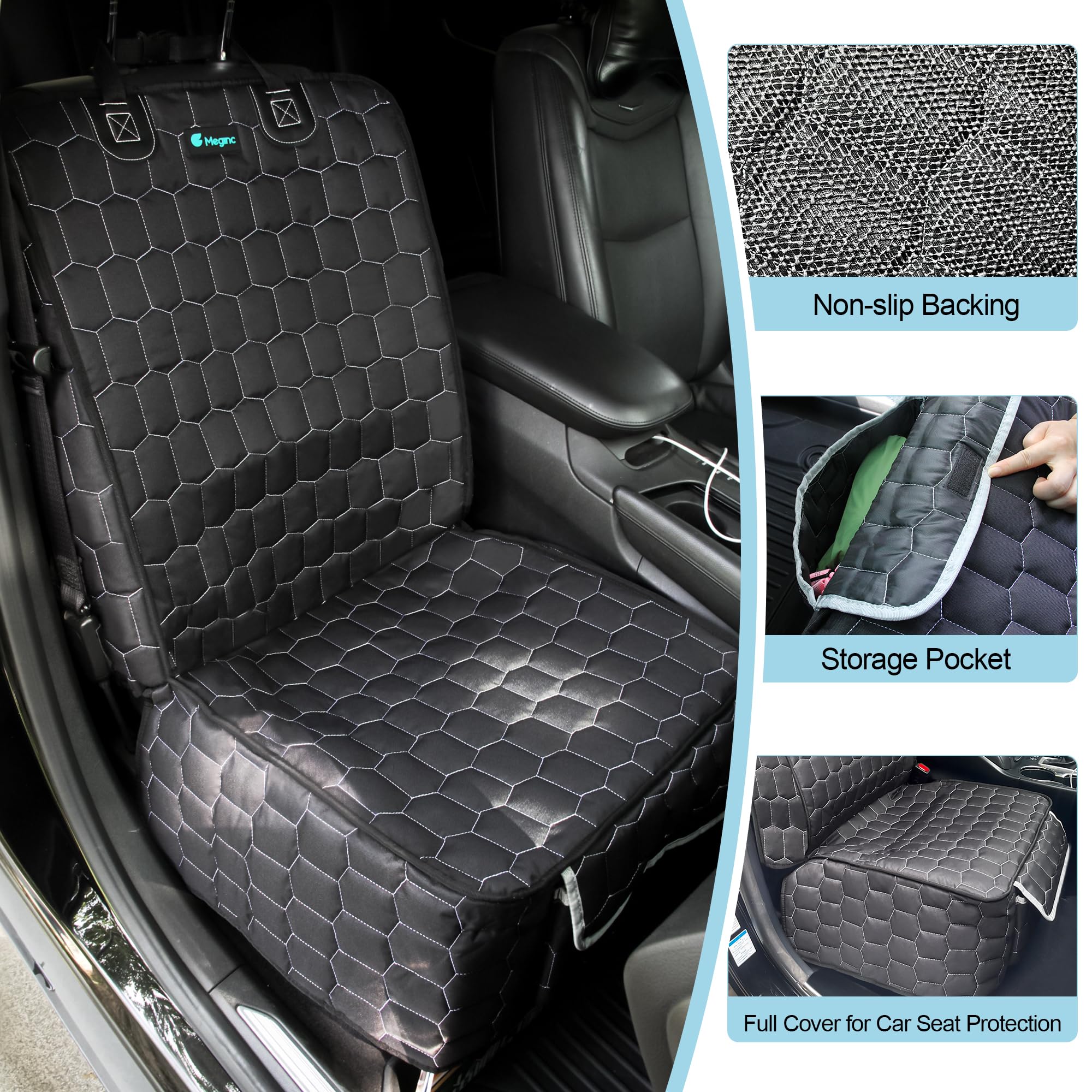 Meginc dog car seat cover features a large storage pocket for leashes and toys.