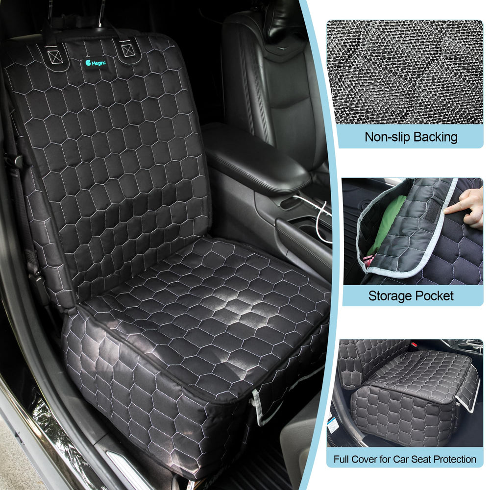 Meginc dog car seat cover features a large storage pocket for leashes and toys.