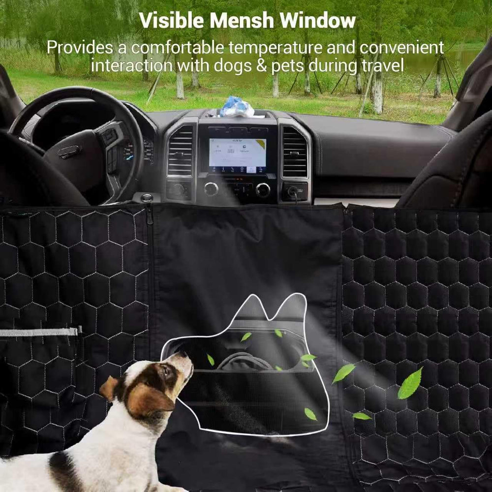 Meginc mesh window promotes airflow and reduces dog anxiety on drives.