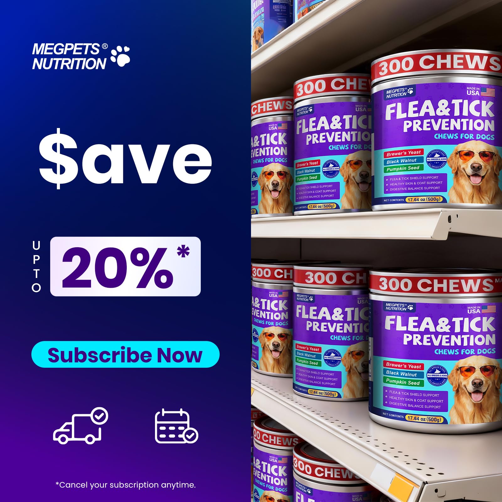 MEGPETS NUTRITION all-breeds-dogs image showcases versatile supplementation for dogs of any size.