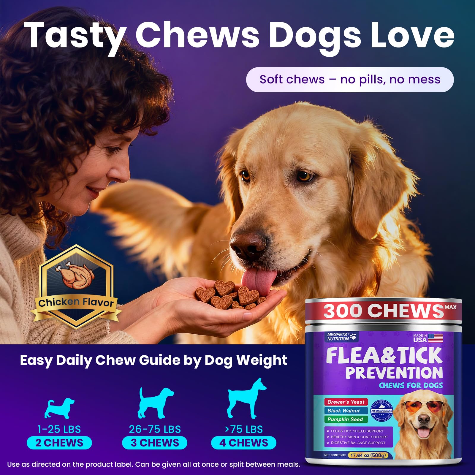 MEGPETS NUTRITION easy-daily-dosing chews suggest hassle-free routine for busy households.