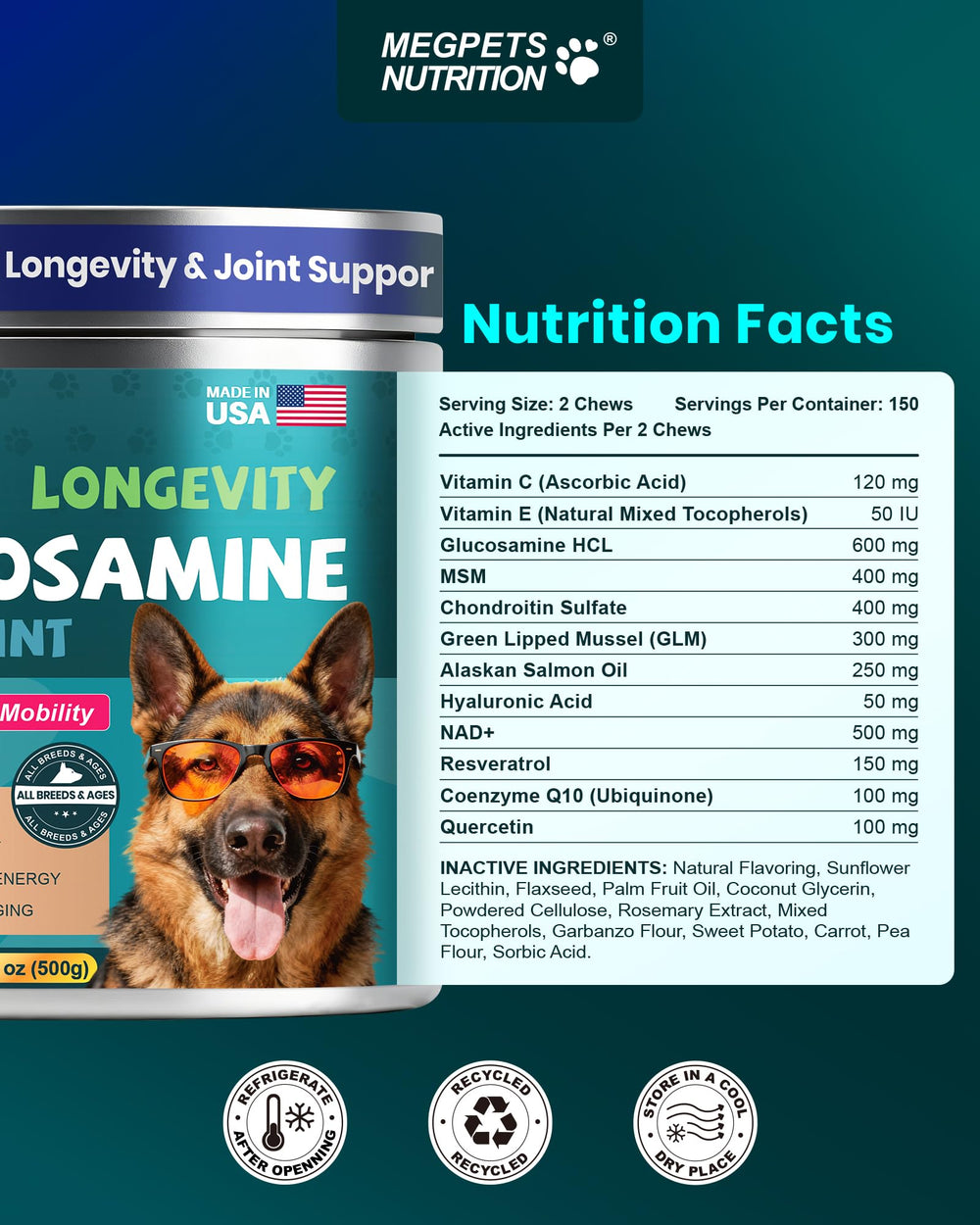 MEGPETS NUTRITION NAD+ USA-made packaging in GMP facility.