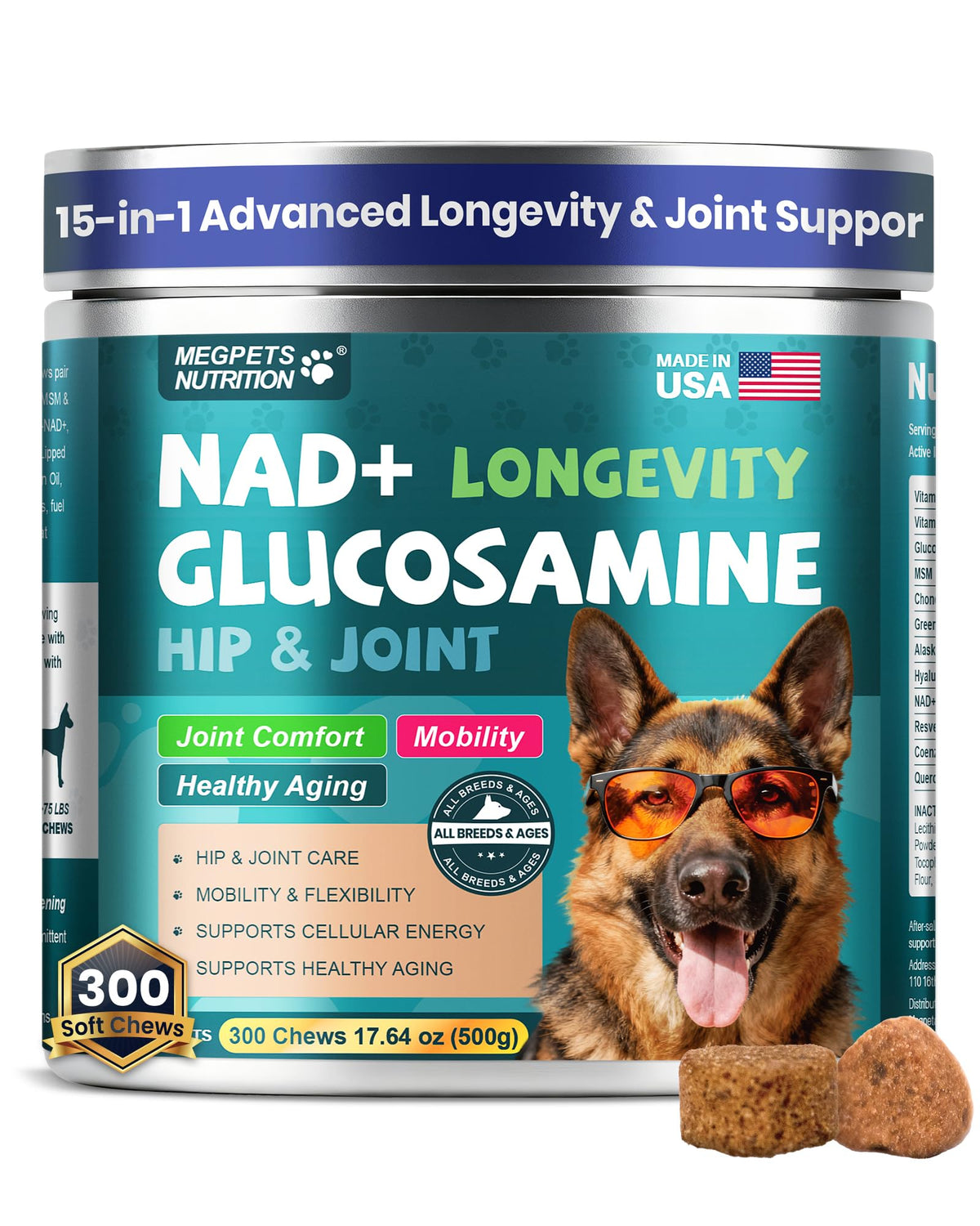 MEGPETS NUTRITION NAD+ soft chews bottle close-up highlighting joint support.