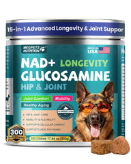 MEGPETS NUTRITION NAD+ soft chews bottle close-up highlighting joint support.