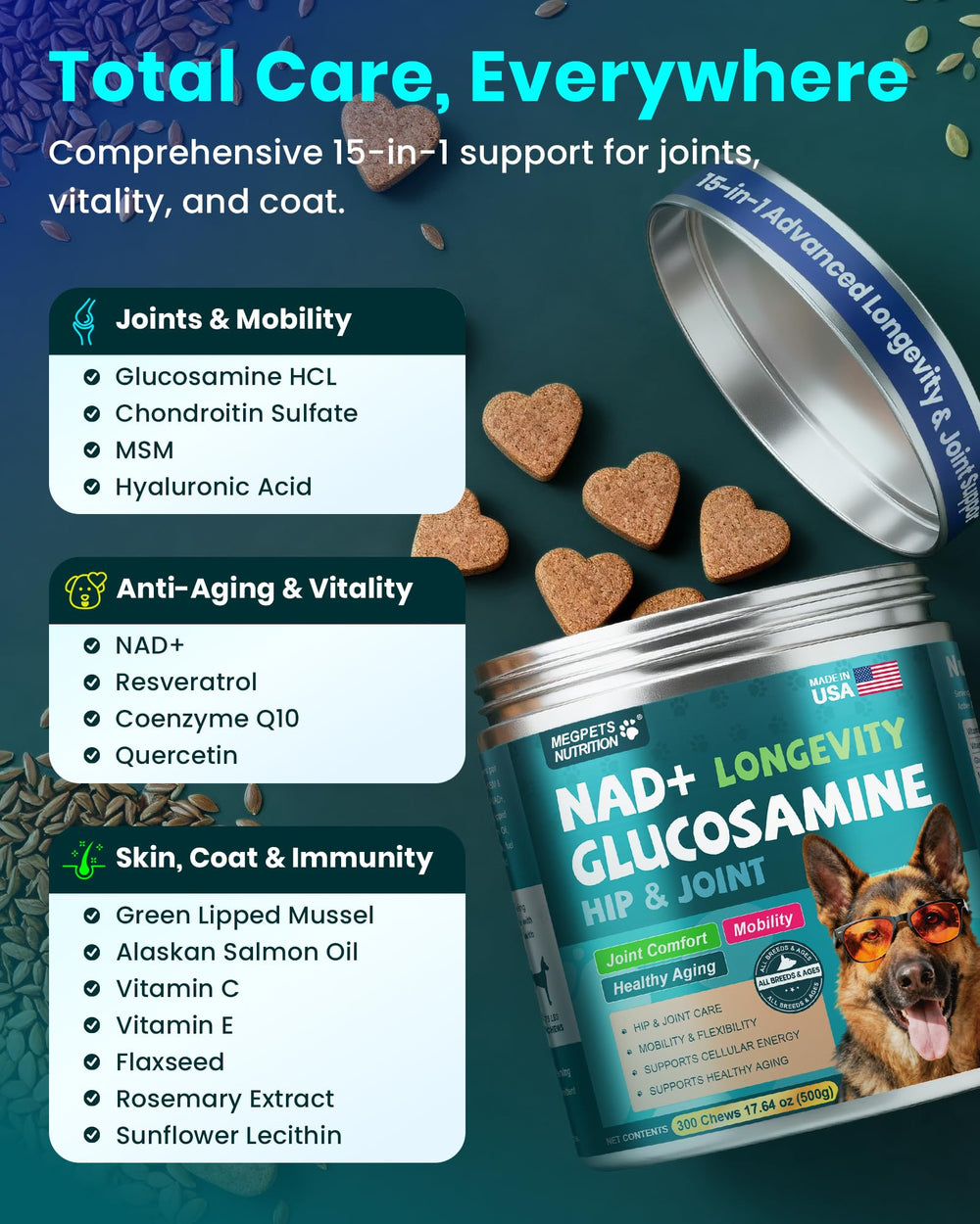 MEGPETS NUTRITION NAD+ soft chews in hand, portable daily dog wellness.