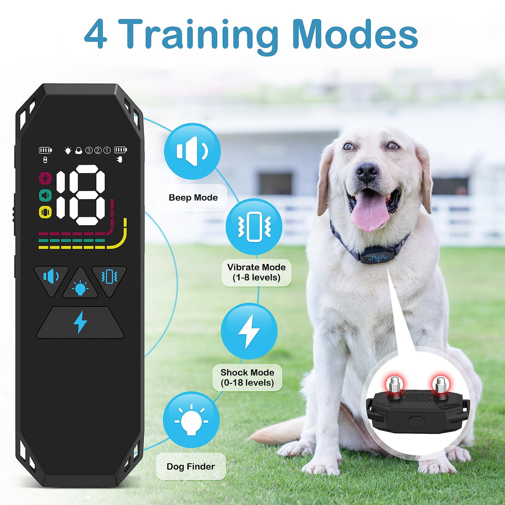 MEGWR training modes display with Beep, Vibration, Static, and Dog Finder.