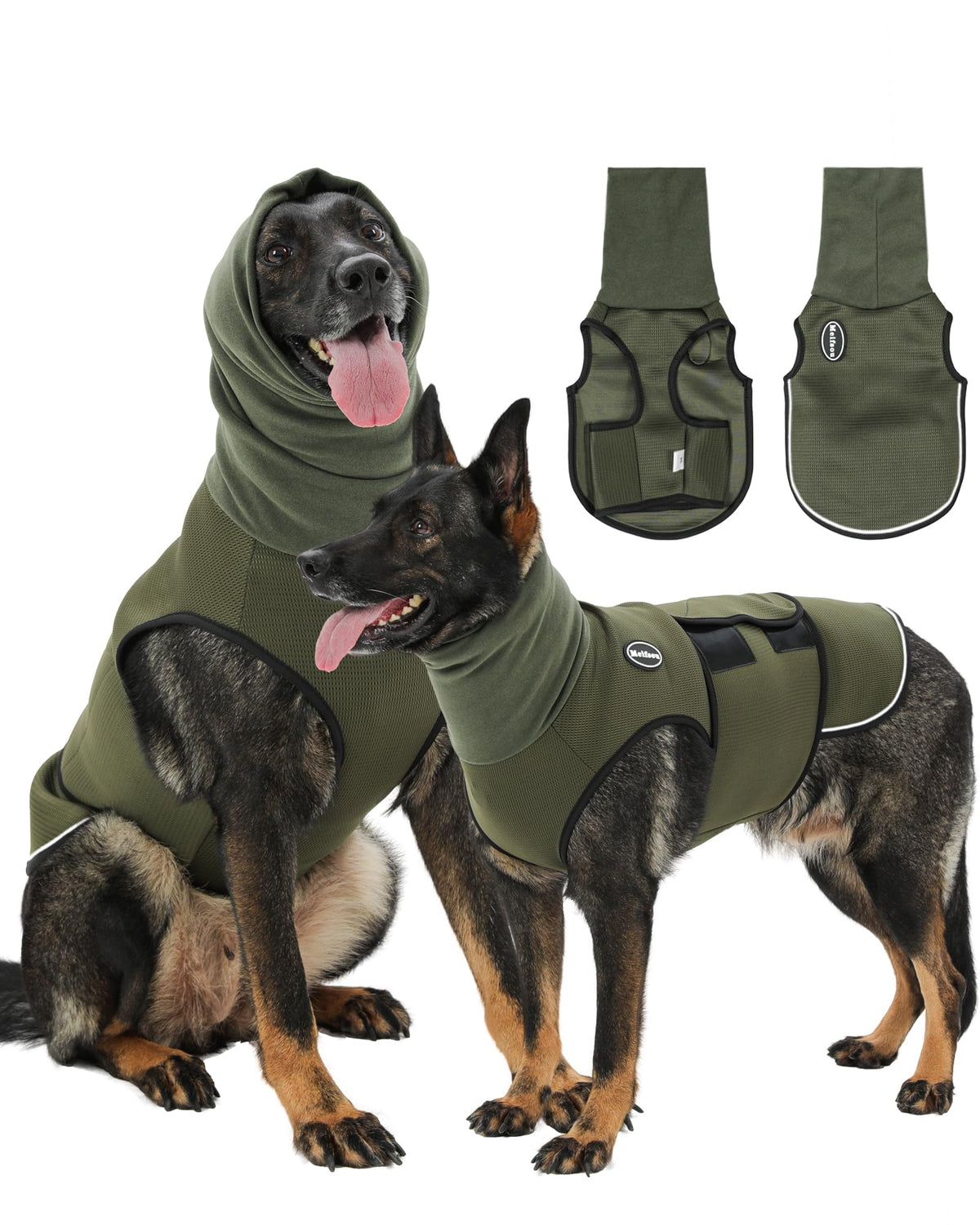 Meifsou dog anxiety vest with hood in army green close-up for calming support.