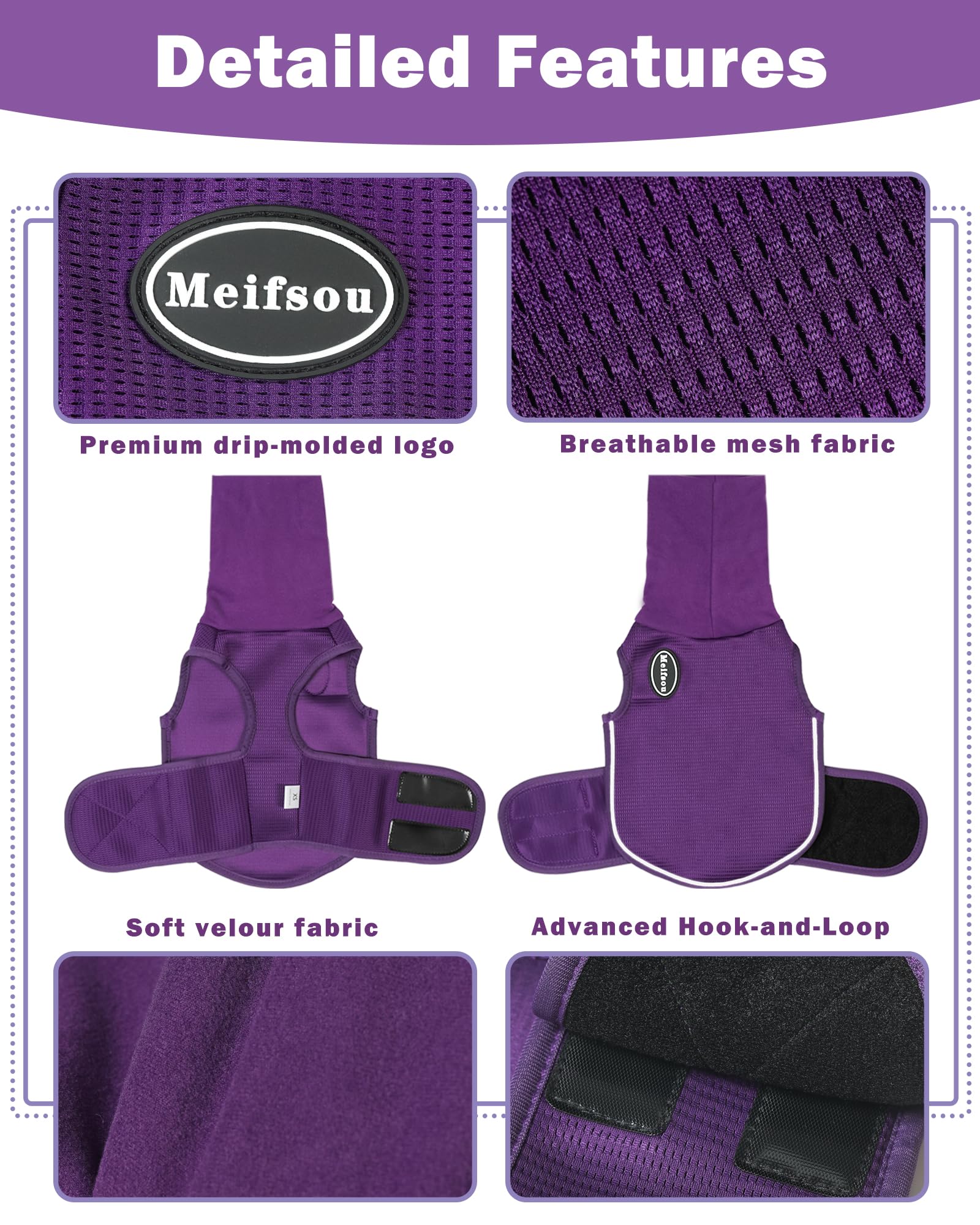 Meifsou dog anxiety vest with hood, back view, snug fit helps during storms.