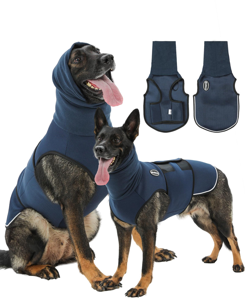 Meifsou dog anxiety vest with hood on a relaxed dog for full coverage calming