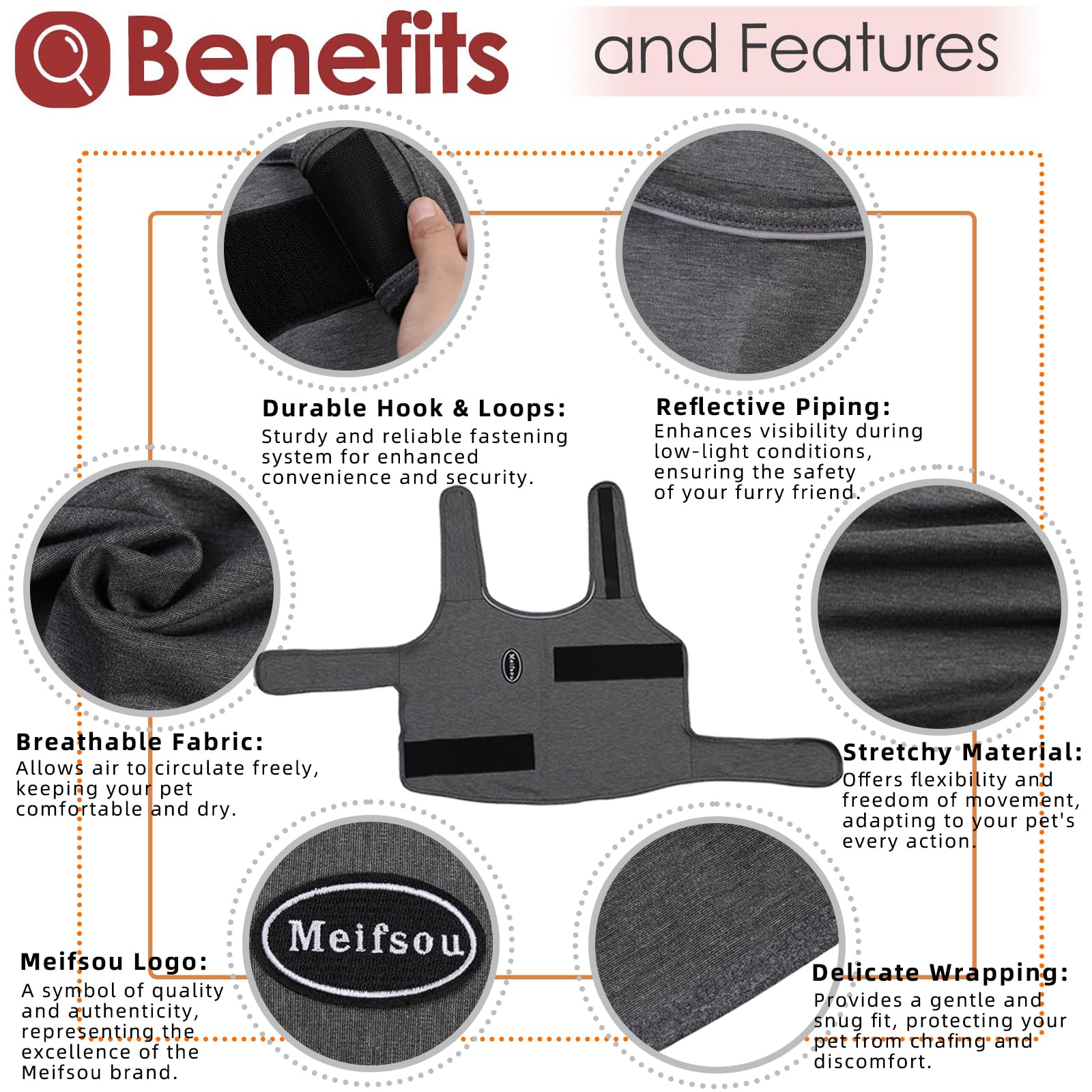 Meifsou dog anxiety vest secure wrap highlighting gentle pressure for confident wear.