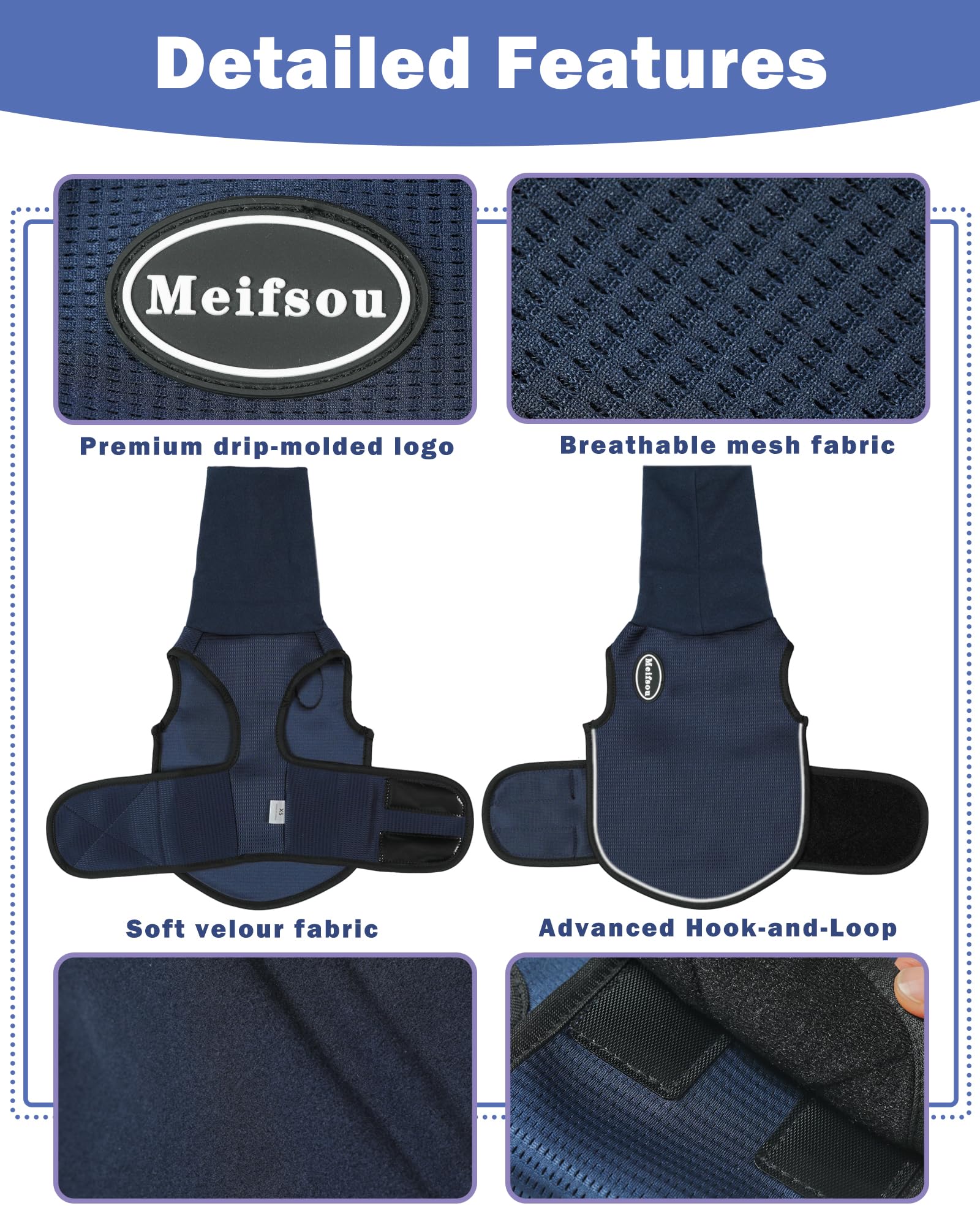 Meifsou dog anxiety vest close-up shows breathable mesh for extended wear