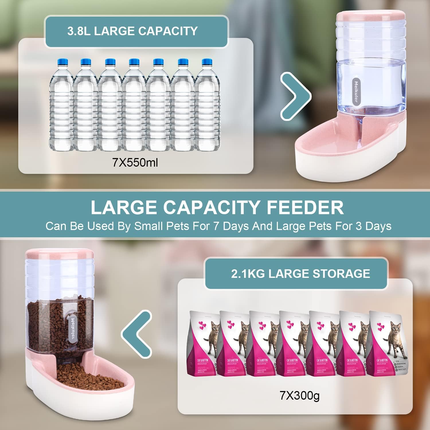 Meikuler 1-gallon bottle and feeder in pink showing side profile.