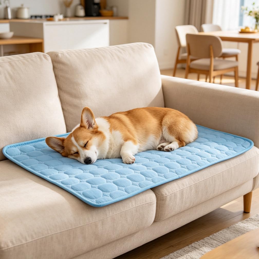 MeiLiMiYu dog cooling mat folded for easy storage and travel.