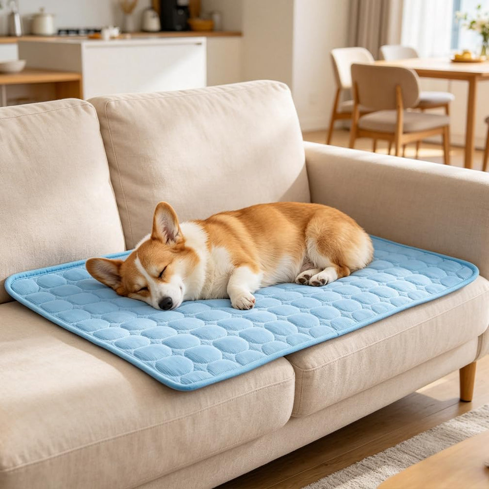 MeiLiMiYu dog cooling mat folded for easy storage and travel.