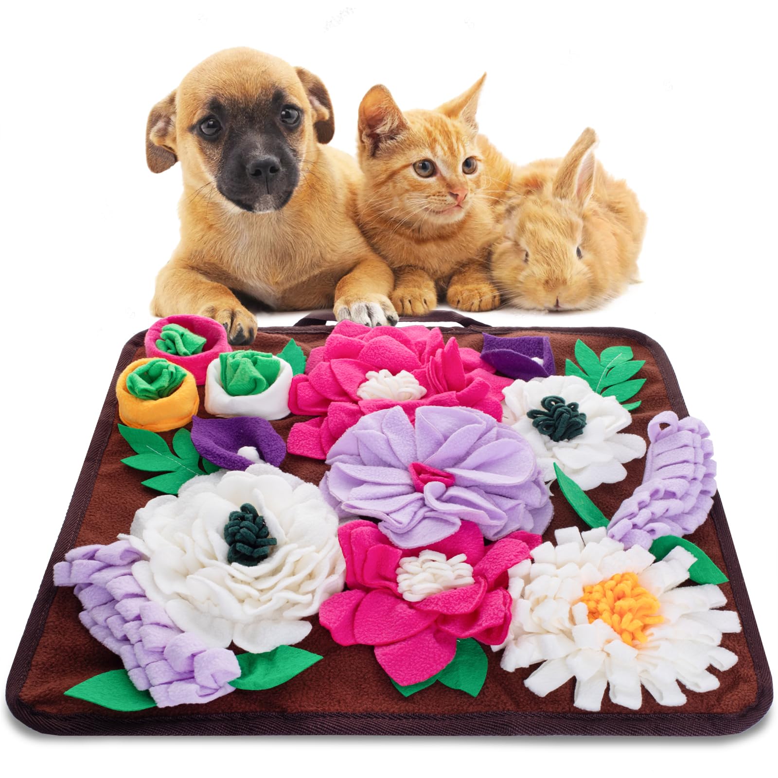 Meilzer snuffle mat with colorful flowers hiding treats for canine enrichment.