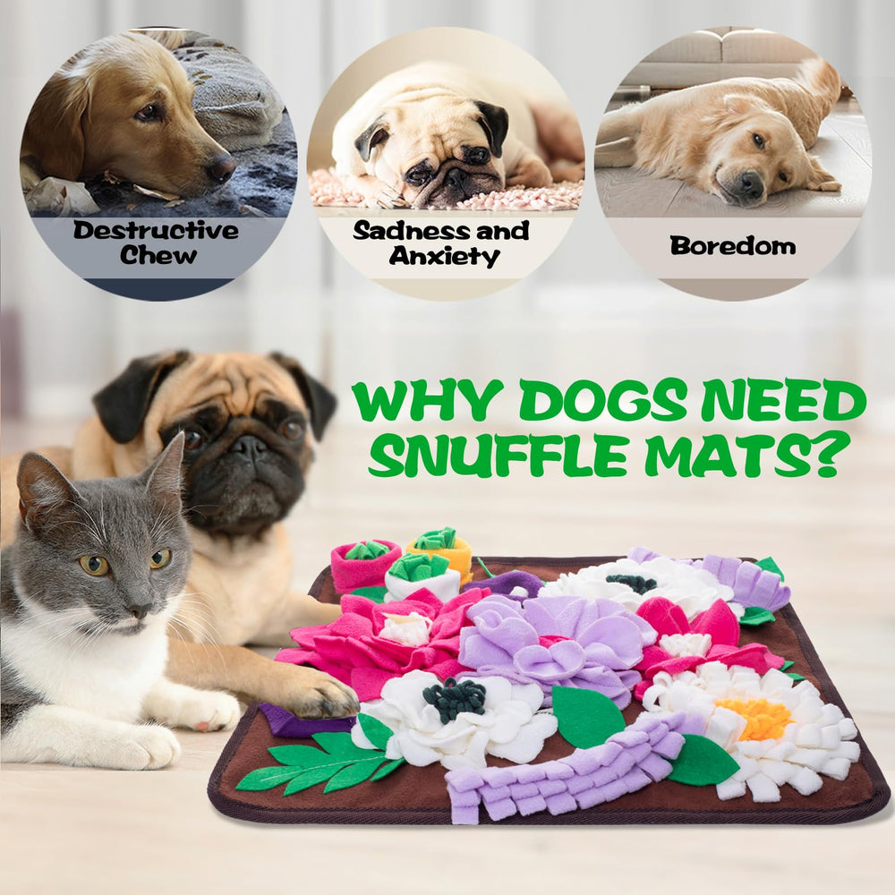 Meilzer snuffle mat's colorful flowers conceal snacks for engaging scent games.