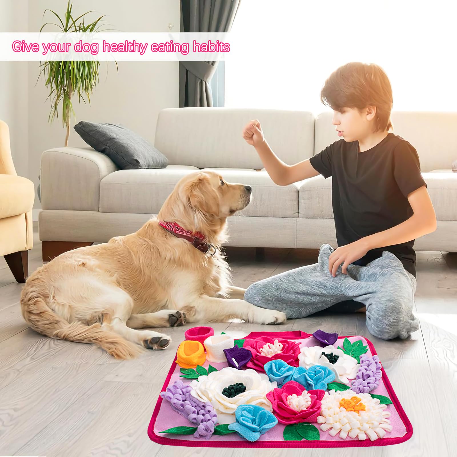 Meilzer Snuffle Mat rose pink colorful flowers hide foods for enrichment.