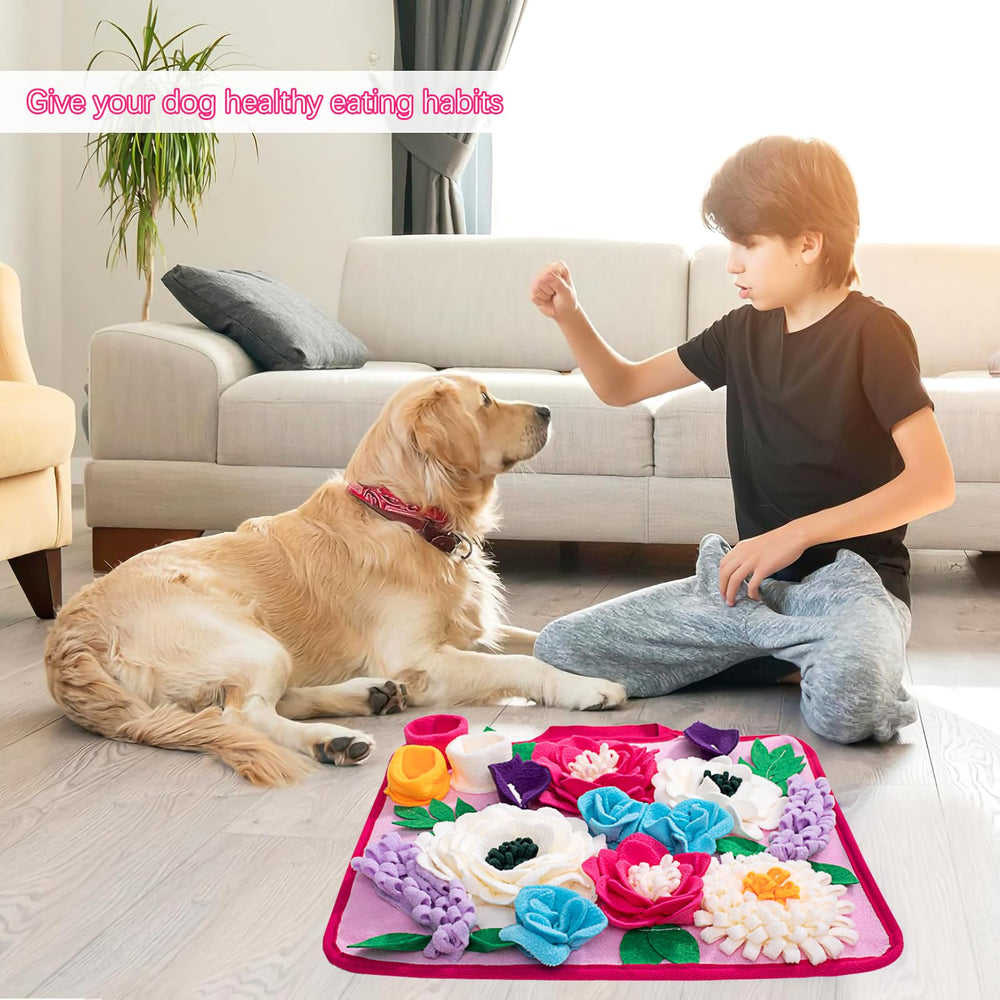 Meilzer Snuffle Mat rose pink colorful flowers hide foods for enrichment.