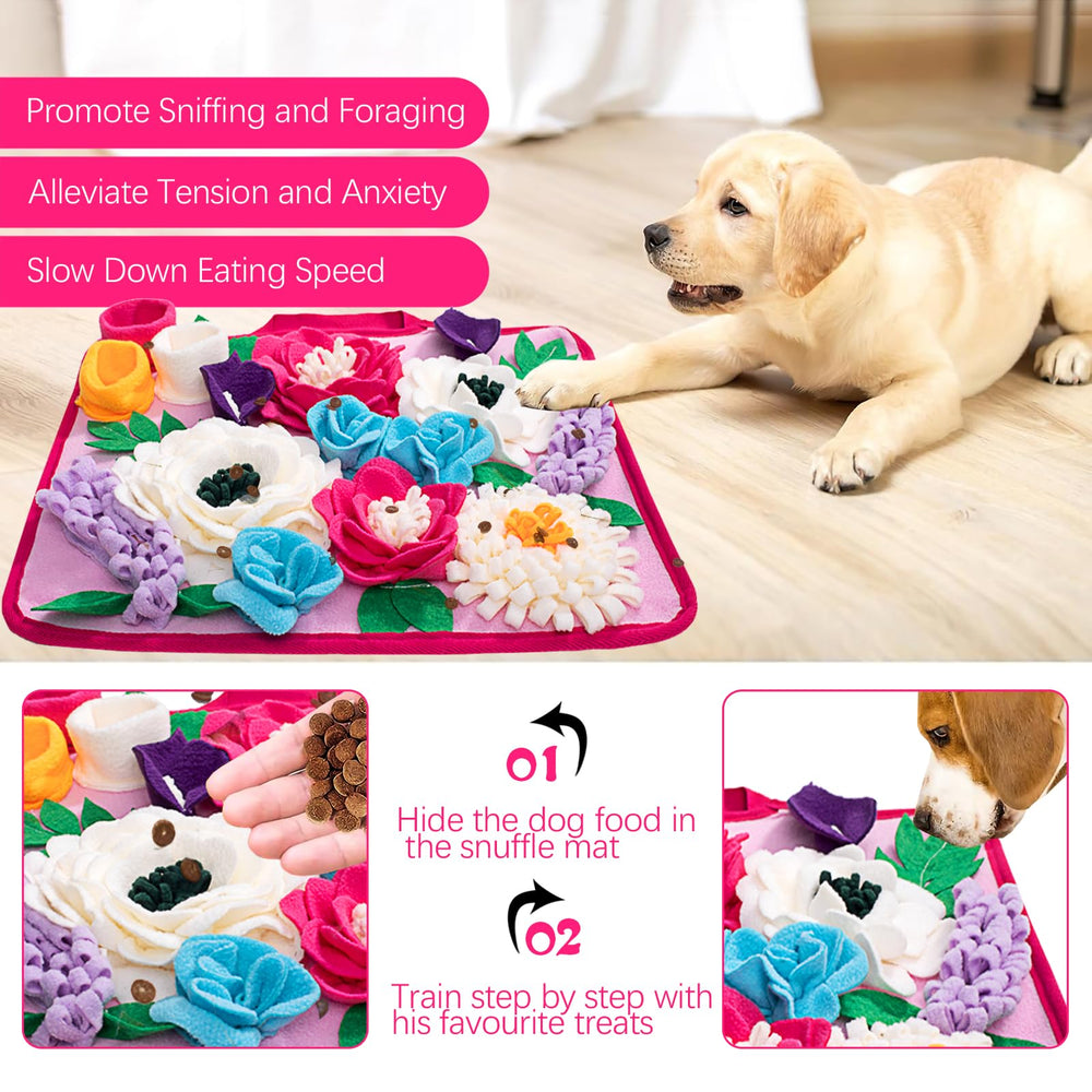 Meilzer Snuffle Mat rose pink with floral pockets for hide-and-sniff treats.