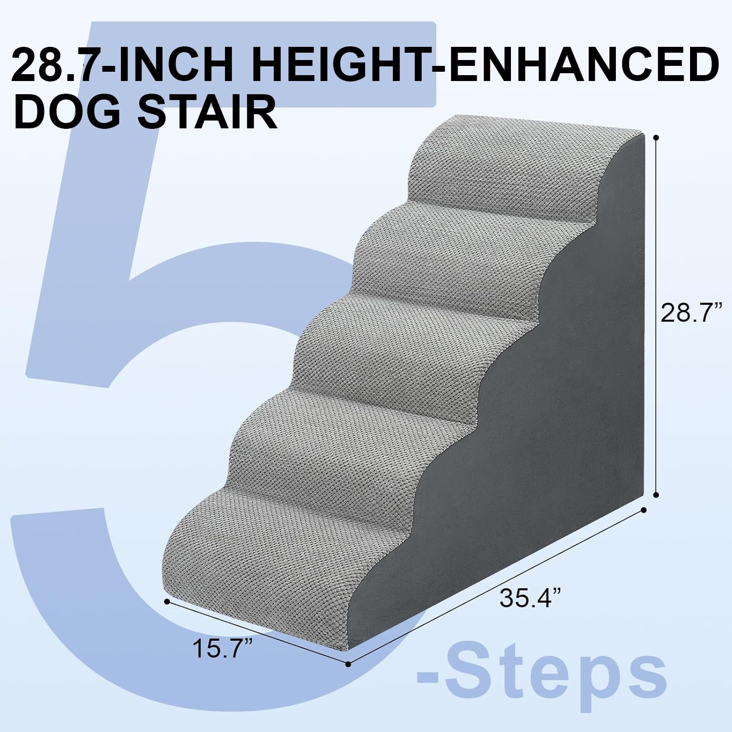 MEJYJEM dog stairs 5-step grey side view showing compact, sturdy construction.