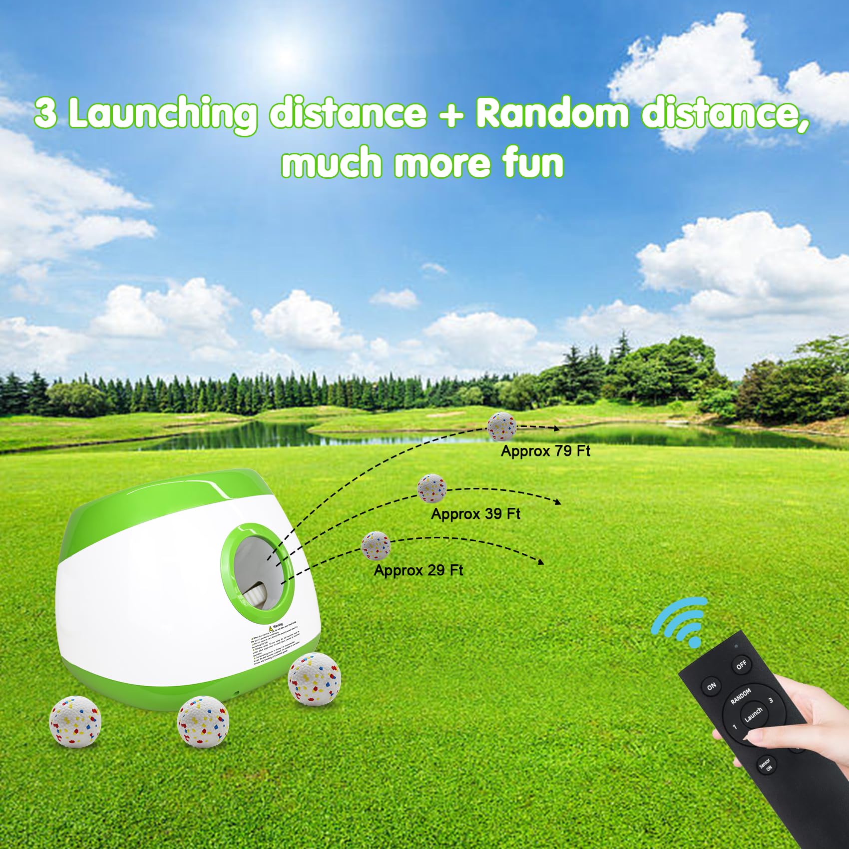 Three distance settings on MEKAPLE launcher: 29 ft, 39 ft, 79 ft