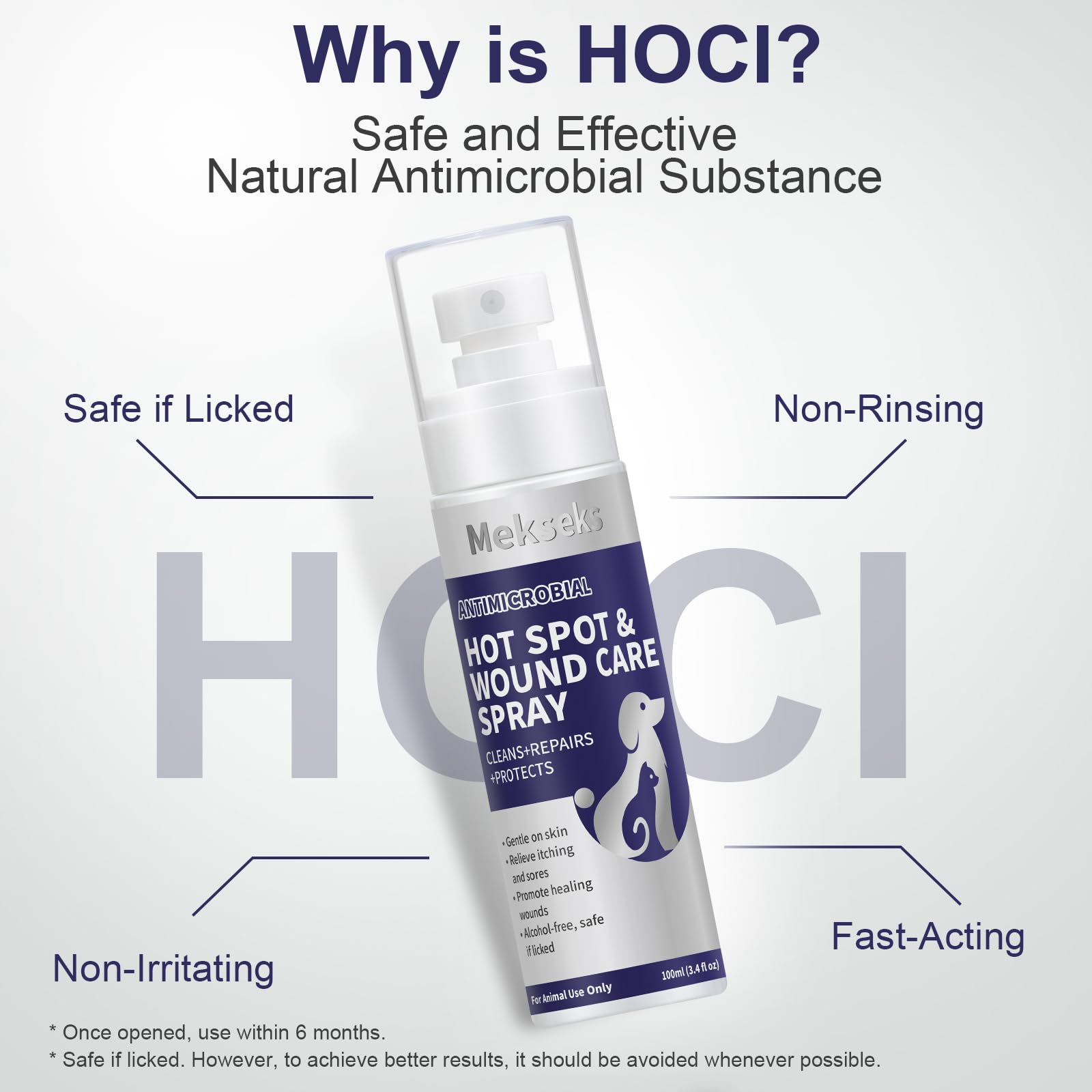 Mekseks alcohol-free wound spray reduces stinging during application for calmer pets.