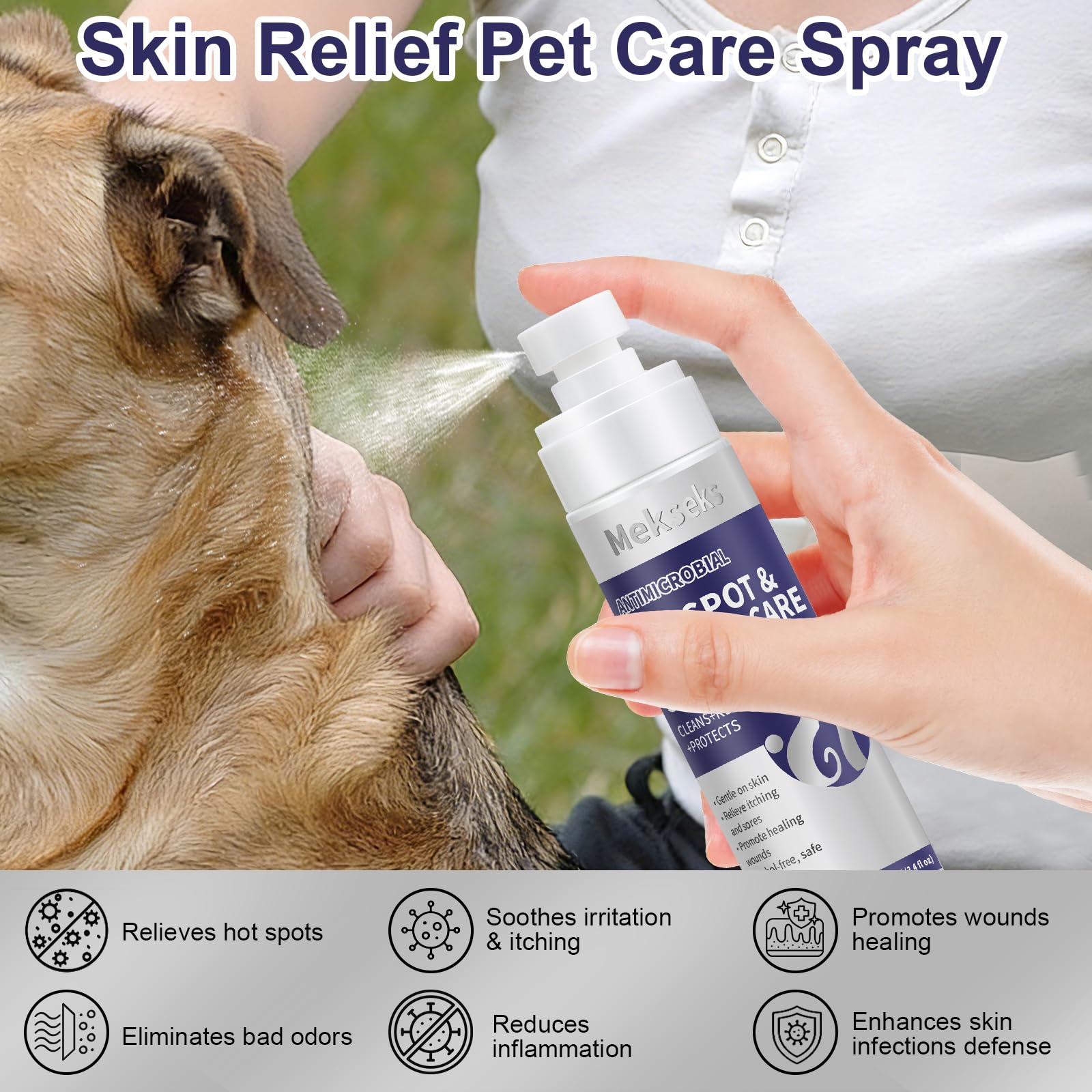 Mekseks hypochlorous acid solution bottle provides gentle, non-stinging wound cleansing for pets.