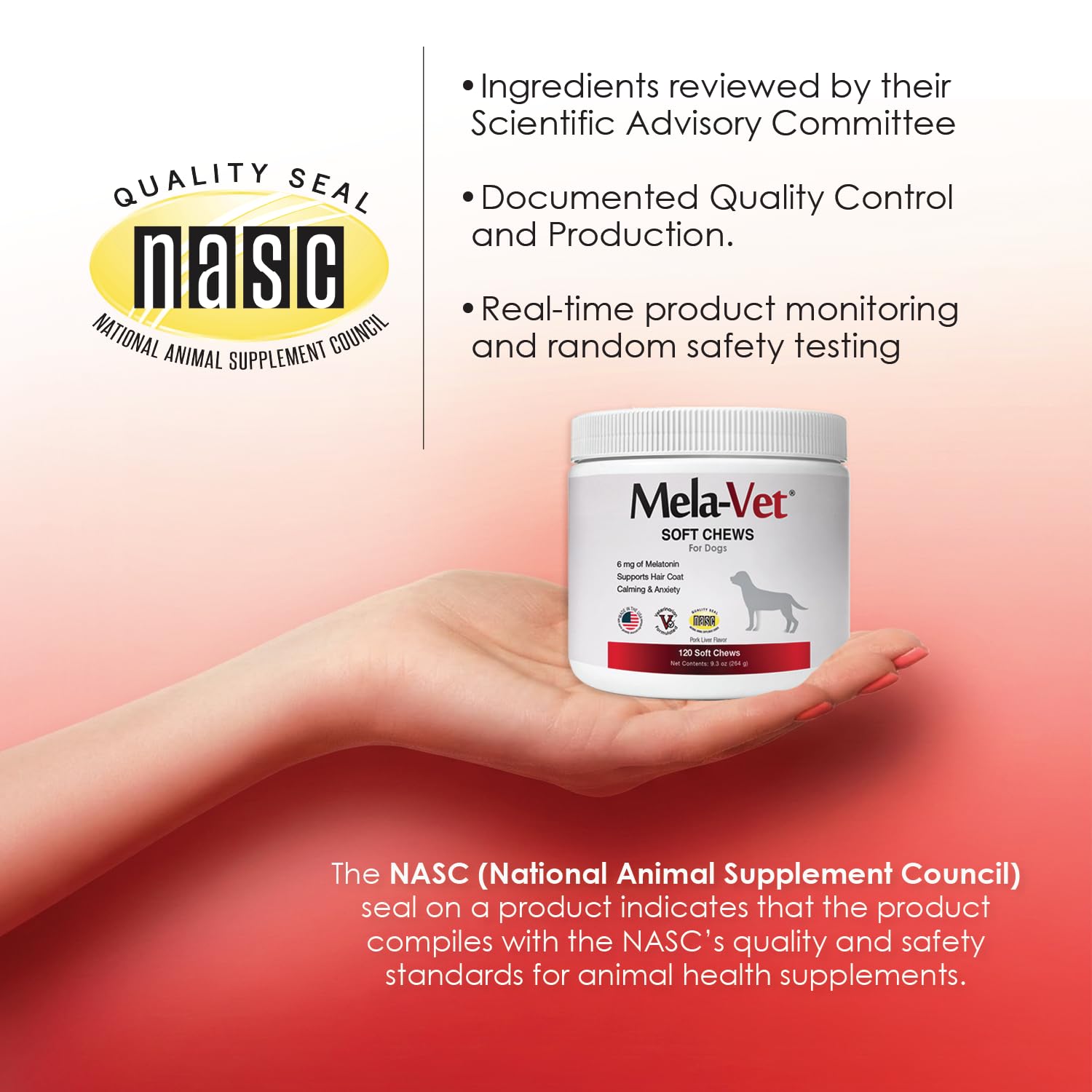 Mela-Vet Melatonin bottle and packaging highlight vet-formulated quality and US production