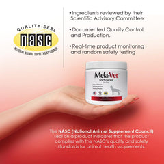 Mela-Vet Melatonin bottle and packaging highlight vet-formulated quality and US production