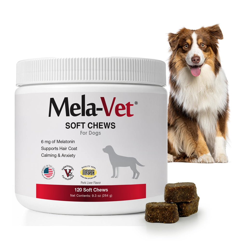 Mela-Vet Melatonin calming soft chews bottle front promotes dog relaxation during anxiety triggers