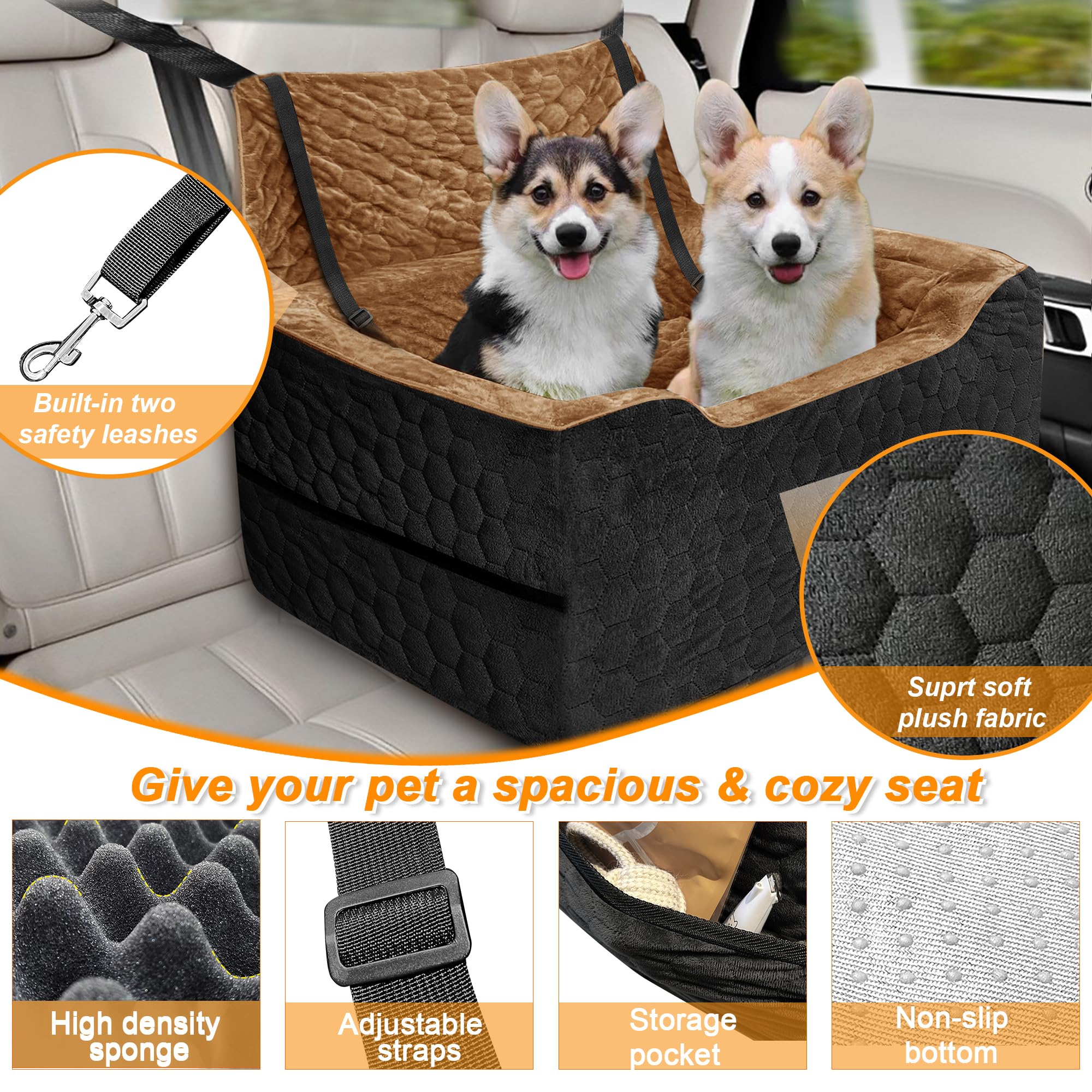 Melafa365 dog car seat features two safety leashes for secure placement