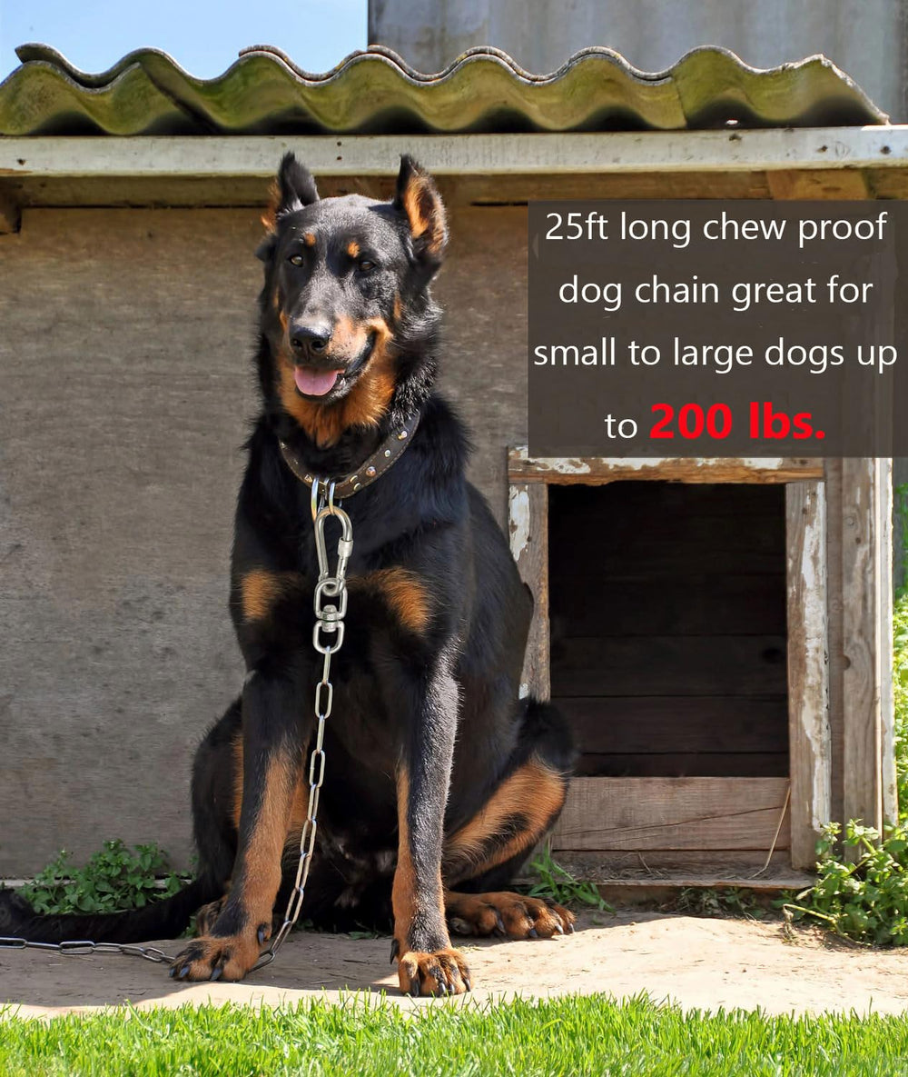 MELAIRON chew-proof dog chain close-up highlights 3mm stainless steel strength for strong chewers.